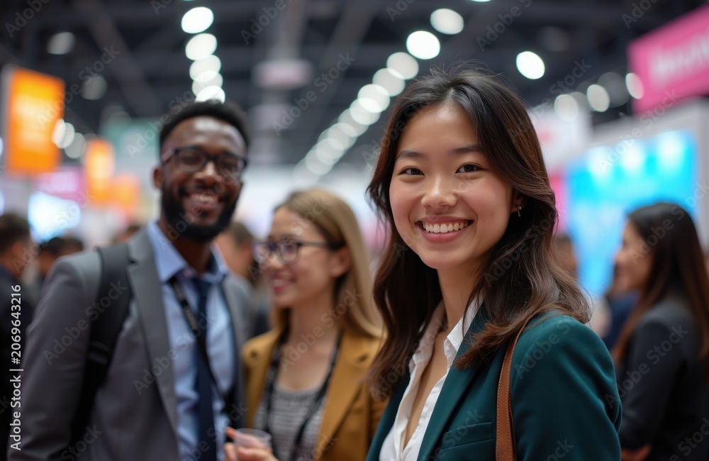Obraz premium Young professionals network at busy expo. Diverse group meet, talk, smile. Business people connect, share ideas at trade show. Career event atmosphere, future jobs opportunity.