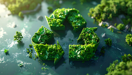 Recycle symbol made of lush green forest foliage floating over tranquil water surface representing sustainability and eco friendly practices