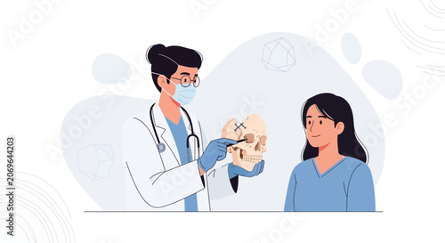 Doctor explains skull anatomy to patient, illustration with medical consultation and healthcare concept