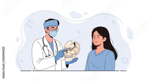 Doctor Explains Skull Fracture to Patient - Medical Consultation Illustration