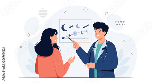 Doctor Explains Sleep Cycle Chart to Patient, Vector Illustration of Healthcare Consultation