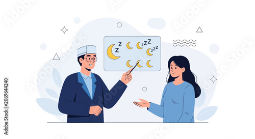 Doctor Explains Sleep Cycle to Patient, Vector Illustration