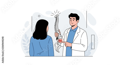 Doctor Explains Spinal Health and Pain to Patient, Medical Consultation and Vertebrae Illustration