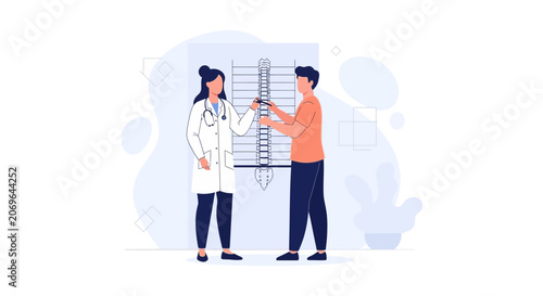 Doctor Explains Spinal Health to Patient Using Anatomical Chart - Modern Flat Illustration