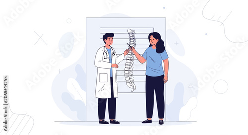 Doctor Explains Spinal Health to Patient with Anatomical Chart, Vector Illustration