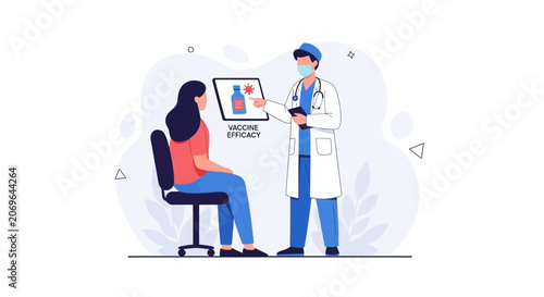 Doctor Explains Vaccine Efficacy to Patient in Modern Flat Illustration Style