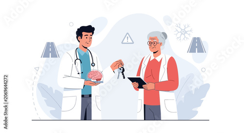 Doctor Gives Keys and Brain Model to Elderly Patient, Symbolizing Health or Medical Advice