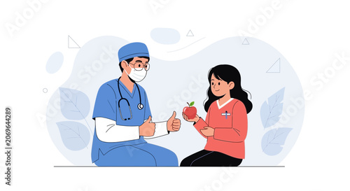 Doctor giving apple to child, promoting healthy eating and medical care in a modern vector illustration style.