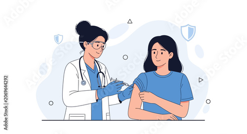 Doctor giving injection to patient, healthcare illustration, vaccination concept, medical care, nurse administering vaccine shot