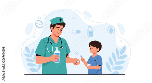 Doctor Giving Medicine to Child Patient - Healthcare Concept Illustration