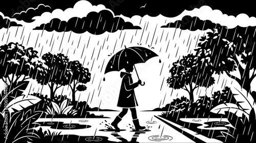 фотографія Person walking in the rain with umbrella.