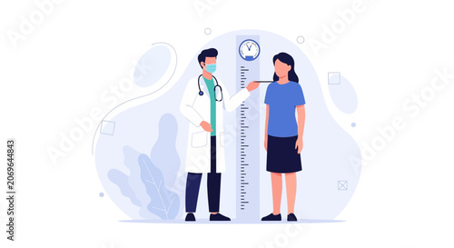 Doctor Measuring Young Woman's Height with Stadiometer in Medical Clinic - Vector Illustration