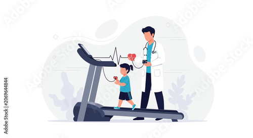 Doctor monitoring child on treadmill during stress test, symbolizing cardiology, pediatric health, and fitness assessment