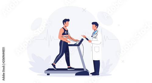 Doctor monitoring patient during stress test on treadmill with ECG