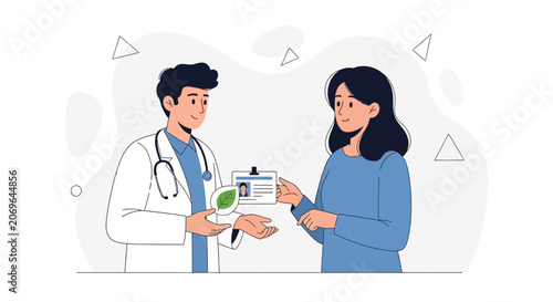 Doctor Offering Natural Healthcare Solution with Leaf and ID Card to Patient
