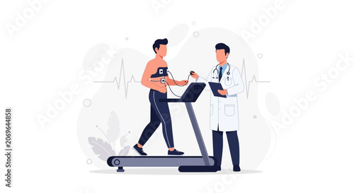 Doctor Monitors Patient's EKG During Treadmill Stress Test for Cardiovascular Health Assessment