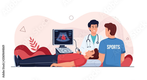 Doctor performing echocardiogram on athlete, modern vector illustration for sports medicine and healthcare