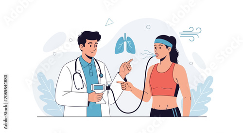 Doctor performing lung function test on athletic woman with spirometer for respiratory health checkup