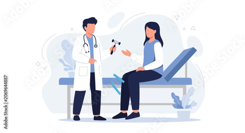 Doctor performing neurological examination on patient with reflex hammer in modern medical illustration style