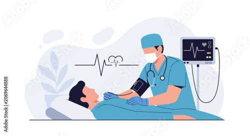 Doctor Performing Medical Examination on Patient with Vital Signs Monitor and EKG Heartbeat Line
