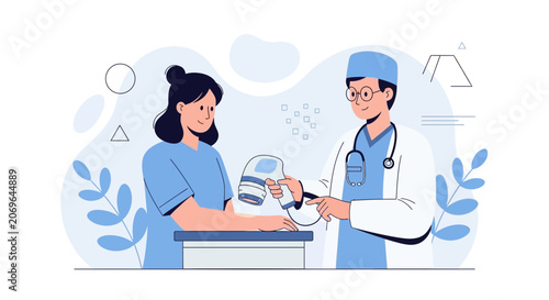 Doctor Performing Medical Procedure on Patient's Arm with Device, Vector Illustration