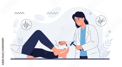 Doctor Performing Neurological Reflex Test on Patient's Foot with Reflex Hammer, Medical Illustration