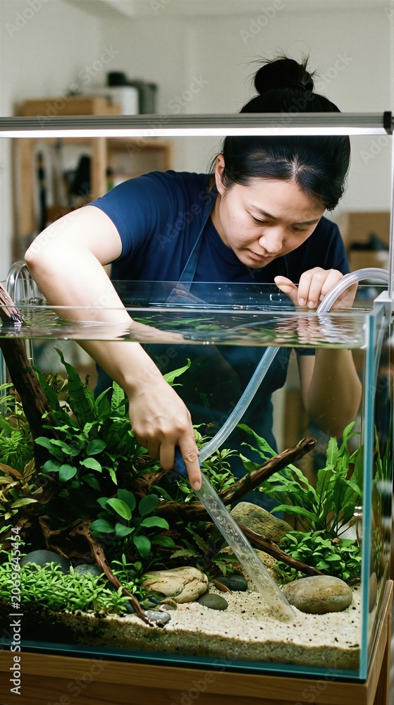 Naklejka premium Woman cleaning planted aquarium tank with gravel vacuum siphon. Exotic pet hobbyist maintaining freshwater fish tank. Aquascaping maintenance, water change and aquatic plant care.