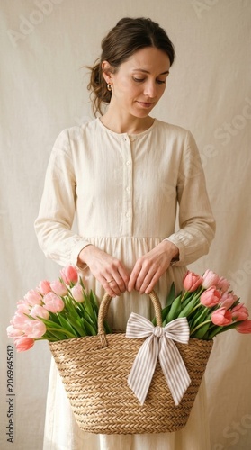 Woman holding wicker bag with beautiful tulips and handkerchief on light background, closeup