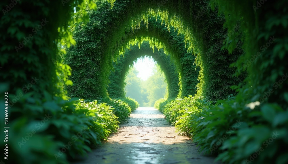Naklejka premium Path through rich green hedge tunnel archway. Sunlight streams through dense foliage, revealing verdant nature beyond. Serene walkway leads into bright open space.