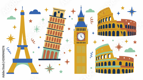 Famous World Landmark Icons Flat Vector Illustration Set