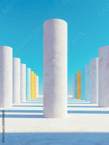 Symmetrical outdoor arrangement of tall white columns with a few yellow columns under clear blue sky casting long shadows on smooth ground surface