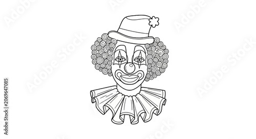 Smiling clown with curly hair.