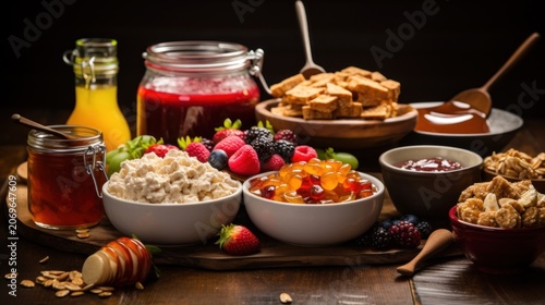 toppings should have an appetizing texture, food props like fruit, honey, jam, granola, nuts, healthy, food, fruit, berry, raspberry, nutrition, blueberries, organic, antioxidant