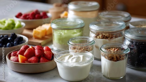 yogurt to various jars and dishes, try a variety of toppings and always include large container in shot, food, dessert, sweet, fresh, dairy, delicious, breakfast, fruit, organic