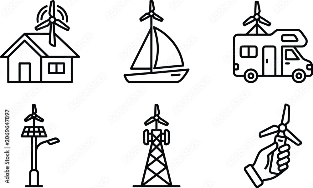 Naklejka premium Set of renewable energy icons including wind turbines on a house boat RV and street light vector illustration for eco-friendly concepts
