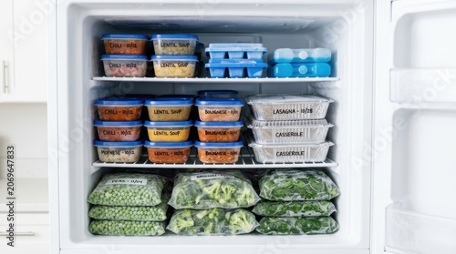 Organized freezer with containers filled with prepared meals and frozen vegetables, showcasing efficient food storage.