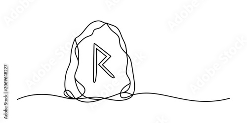 Fényképezés Rune Stone Line Drawing,  Continuous-line drawing of a rune stone with carved “R” symbol, symbolizing mystery and ancient culture