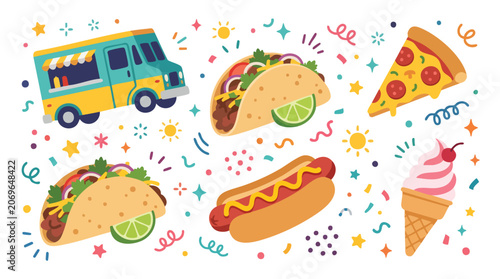 Flat vector illustration of a food truck with popular street foods