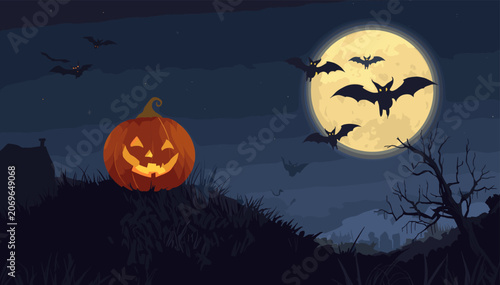 Canvas Print A spooky Halloween night scene with a glowing jack-o'-lantern on a hill under a full moon with bats flying