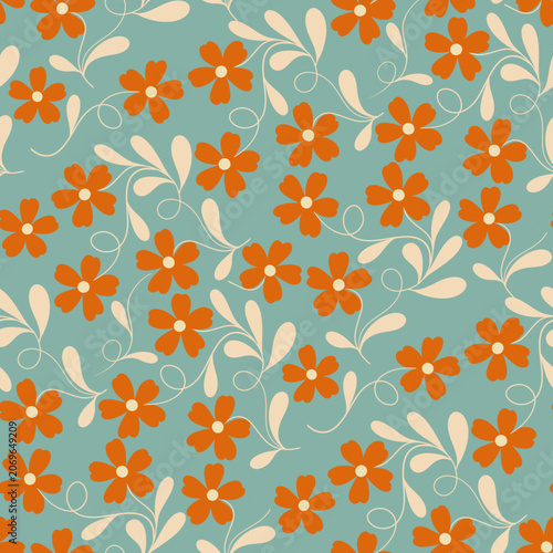 Retro Orange Floral Seamless Pattern with Cream Botanical Leaves on Sage Blue Background