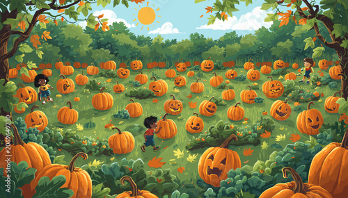 Valokuva A vibrant autumn scene unfolds in a sprawling pumpkin patch under a bright, sunny sky, with children joyfully selecting pumpkins amidst lush greenery and fallen leaves