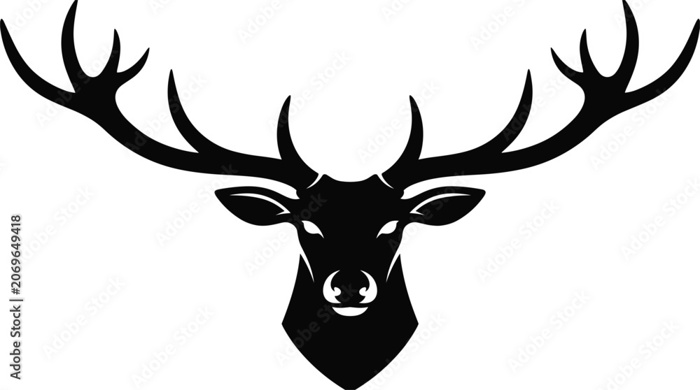 Obraz premium Deer Head Silhouette with Large Majestic Antlers Vector Icon for Hunting Clubs, Outdoor Sports Logos, Forest Wildlife Badges, and Masculine Branding Designs