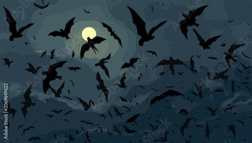 Tableau sur toile A large flock of bats silhouetted against a full moon on a cloudy night