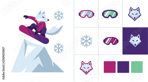 Arctic Fox Snowboarding Mascot and Winter Sports Icon Set