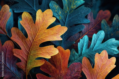 Vibrant autumn oak leaves in warm orange and cool blue hues with detailed textures creating an artistic contrast for seasonal nature or environmental themes