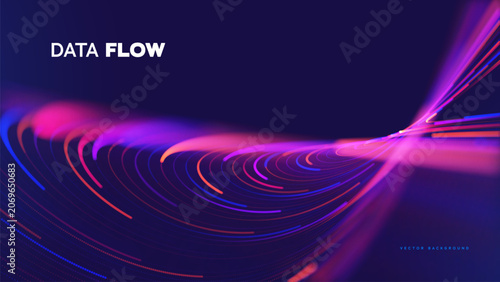 Data Flow, Big Data Visualization And Digital Information Stream With Glowing Neon Light Trails, Futuristic Technology Network And Analytics Background. Data Flows. Vector Illustration.