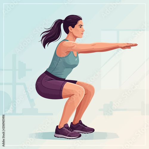 Woman performs squat exercise in gym with weights and equipment around her.