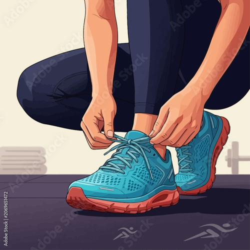 Person tying blue sneakers in a gym