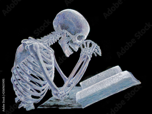 Artistic illustration of a skeleton deeply focused on reading a large book against a black background conveying study, knowledge, and contemplation themes