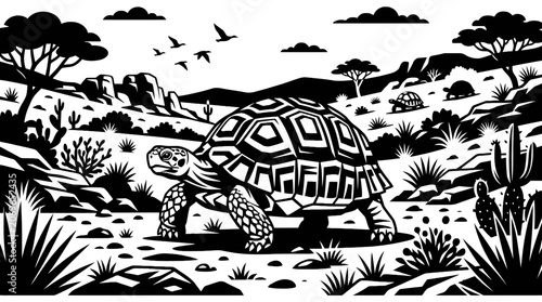 Cuadro en lienzo Tortoise walking in desert landscape slowly.